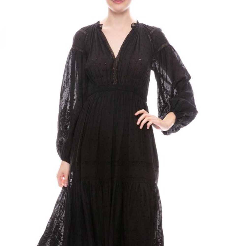 Ulla Johnson Size 6 Black Long Sleeve Eyelet Embroidered Lace Trim Midi Dress - Picture 13 of 13
